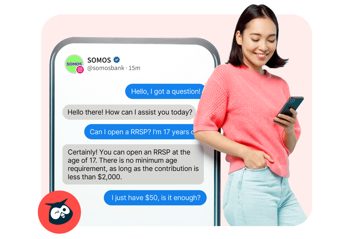 Young woman in coral sweater smiling at phone showing chat conversation about opening an RRSP account with Somos Bank